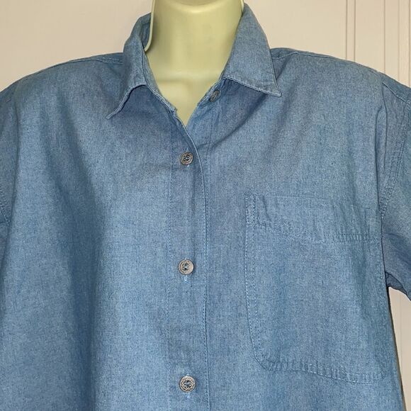 Vtg 80s M.I.C. Fashion blue denim cotton chambray short sleeve oversized shirt - Picture 2 of 8